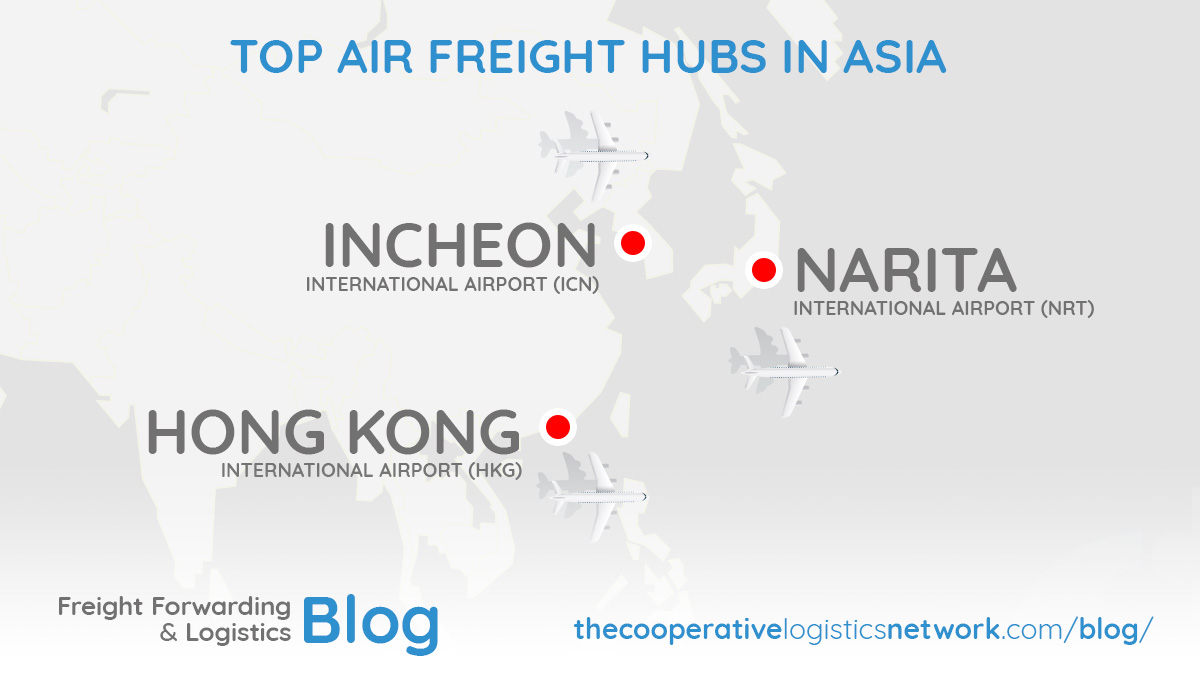 Map of Asia highlighting top air freight hubs including Hong Kong, Narita (Tokyo), and Incheon (Seoul).