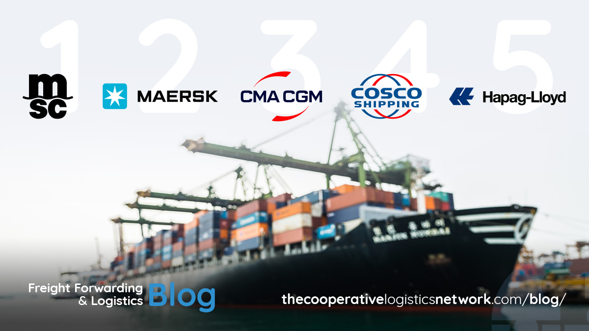 Container ship at sea with logos of top shipping lines in 2025, including Maersk, MSC, CMA CGM, COSCO and Hapag Lloyd